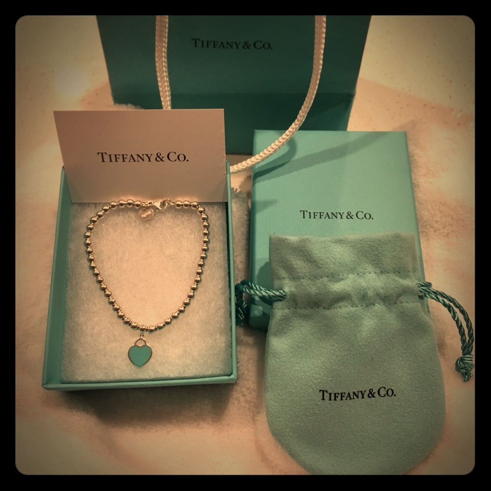 Tiffany & Co. Silver Beaded Bracelet w/ Aqua Heart